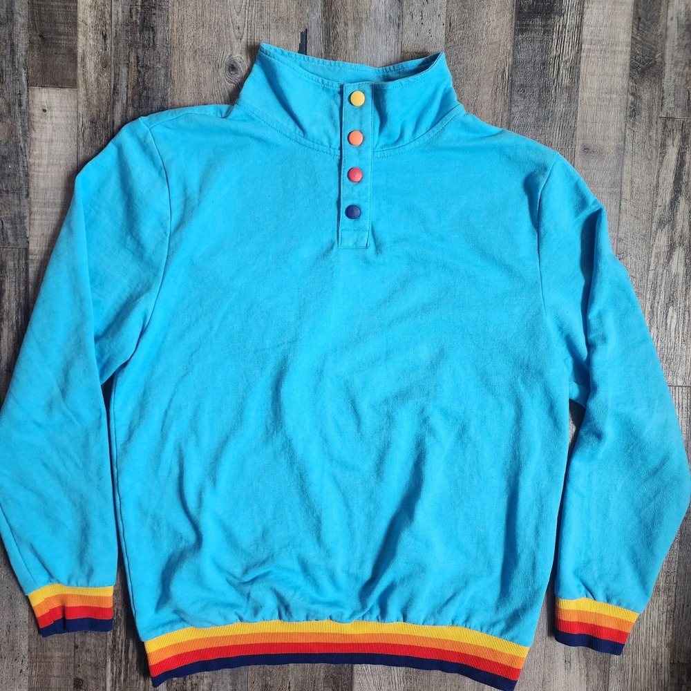 Aldi Pullover Sweatshirt Unisex Medium Blue Rainbow Trim Mock Neck Snap 821188